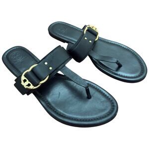 Tory Burch Marsden Flat Thong Sandals Black Leather Size 9.5
